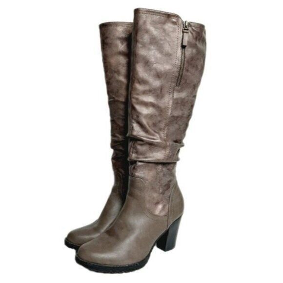 TENDER TOOTSIES Knee High Heel Ruched Distressed Finish Boots Taupe Gray Sz 11 - Picture 2 of 10